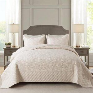 NEWLAKE Quilt Bedspread Set, Beige Jacquard Embossed Floral Pattern Reversible